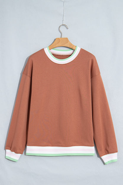 Bright Green Contrast Striped Trim Baggy Pullover Sweatshirt