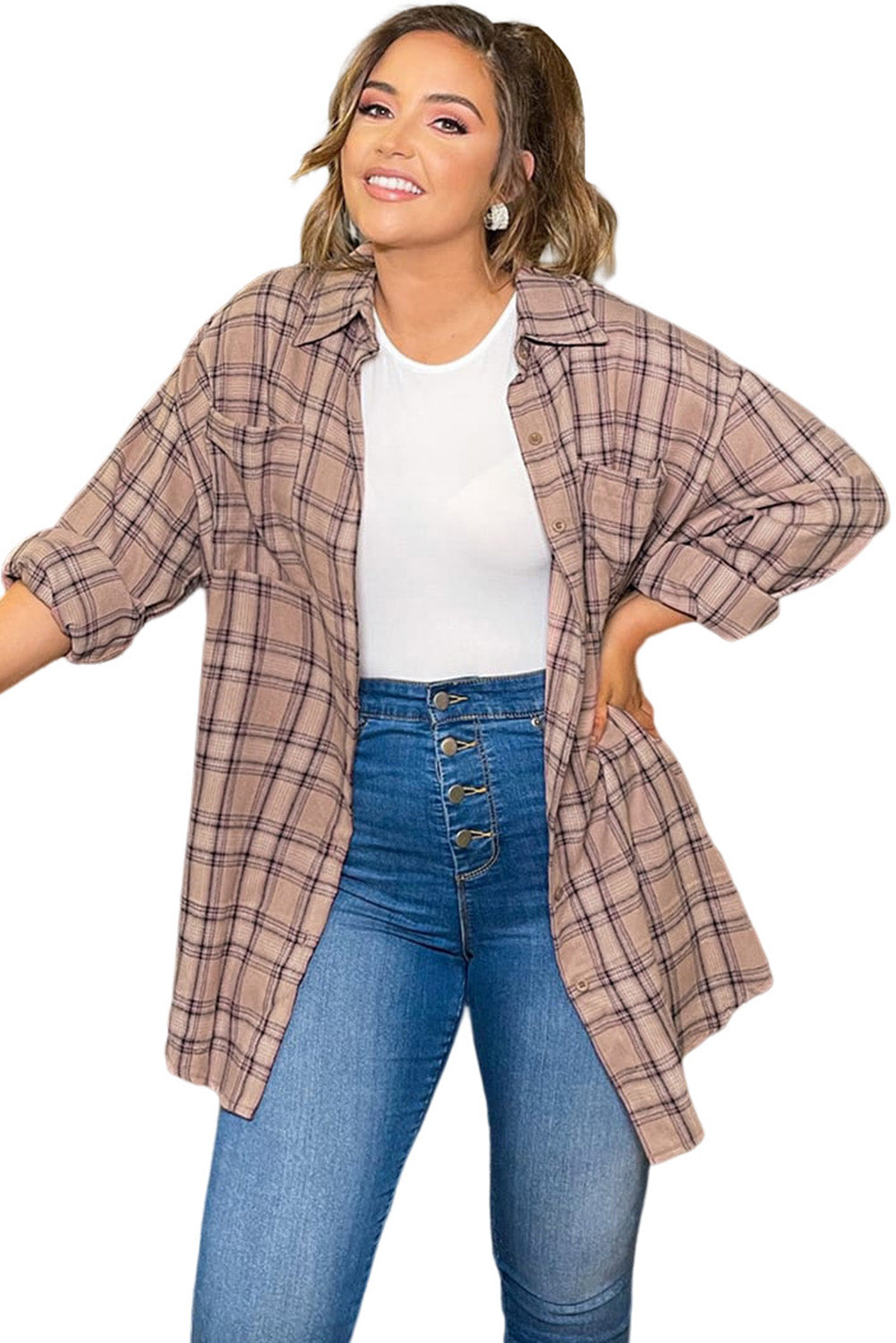 Plus Size Plaid Print Buttoned Oversized Tunic Shirt