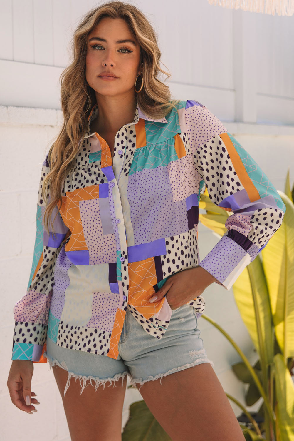 Multicolour Plus Size Mixed Print Buttoned Shirt