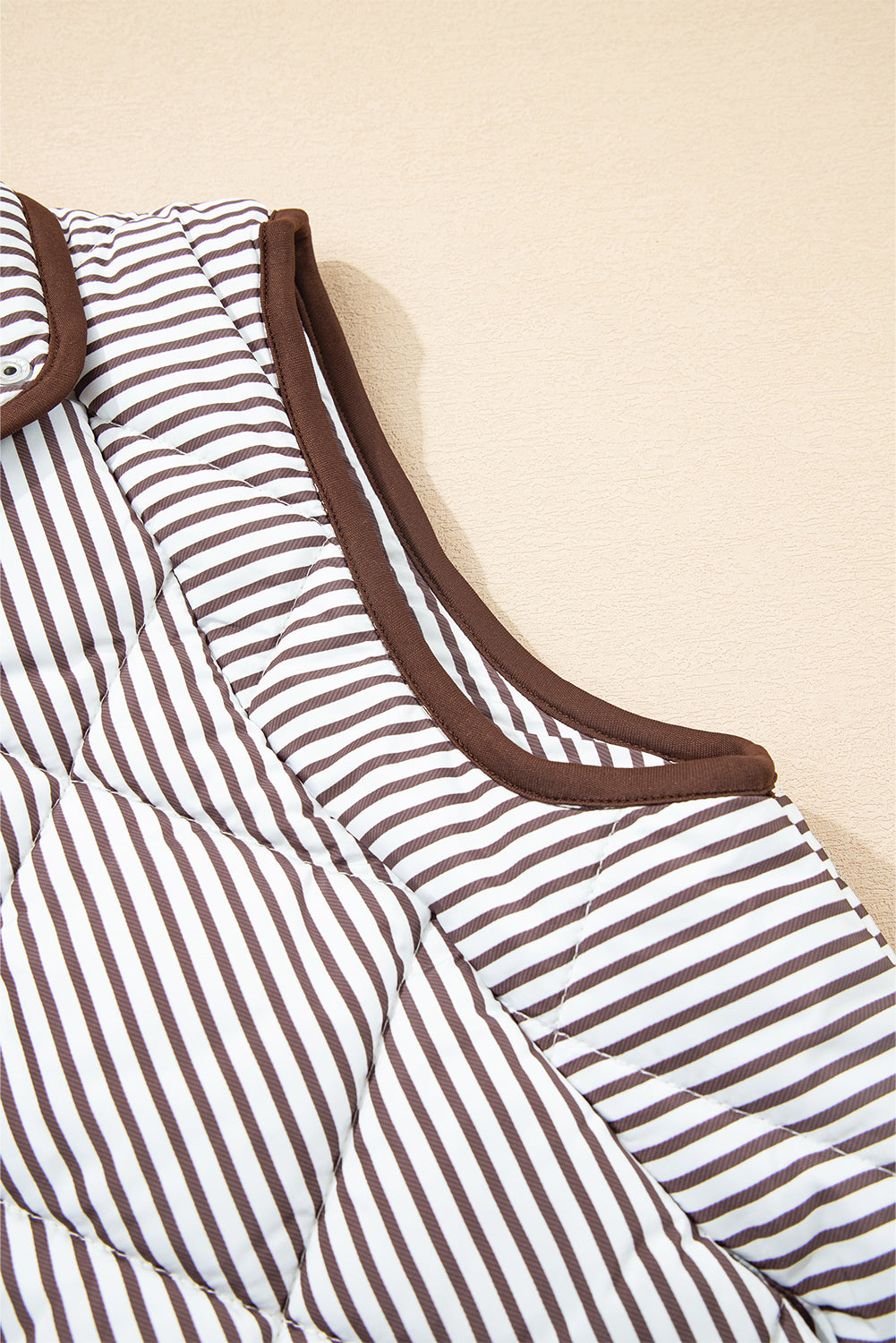 Brown Striped Snap Button Scalloped Hem Winter Vest