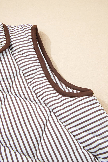 Brown Striped Snap Button Scalloped Hem Winter Vest