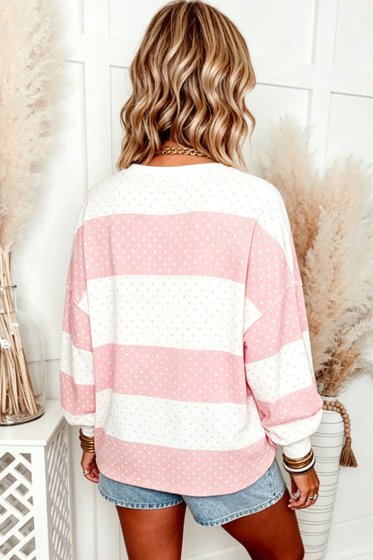 Pink Polka Dot Patchwork Colorblock Long Sleeve Top