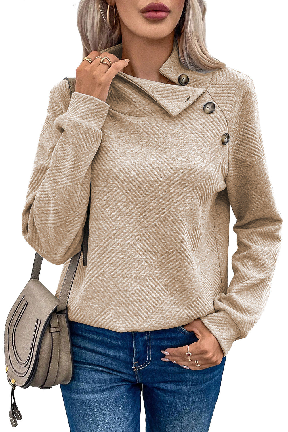 Light Grey Textured Snap Buttons Pullover Plus Size Sweatshirt