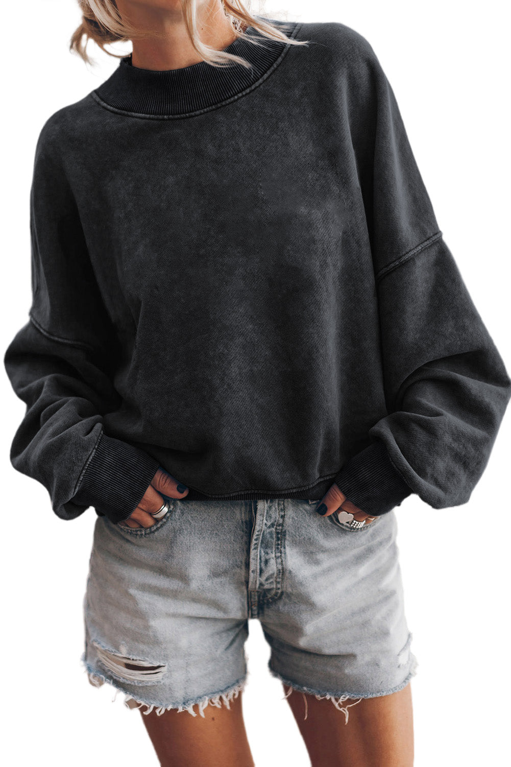 Black Drop Shoulder Crew Neck Pullover Sweatshirt