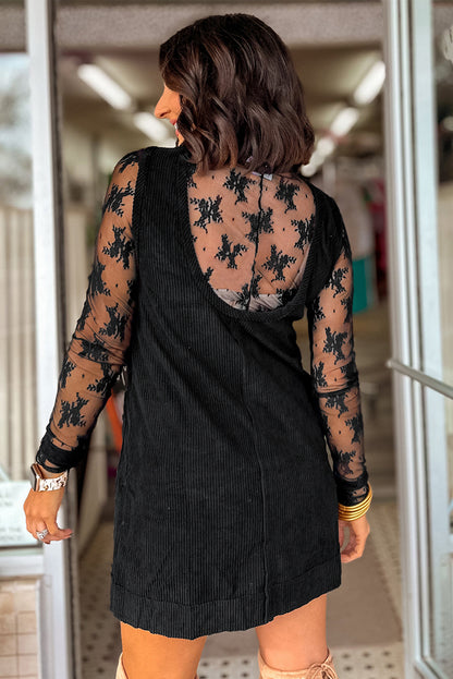 Black Corduroy Exposed Seam Sleeveless Mini Dress