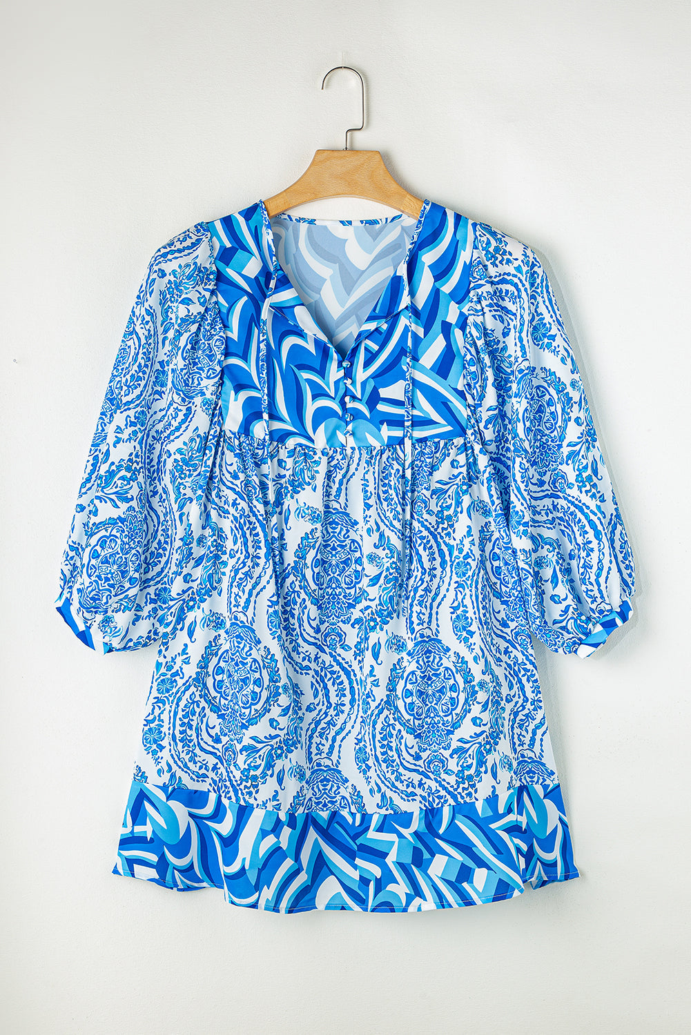 Sky Blue Bohemian Print Puff Sleeve Tied V Neck Flared Mini Dress