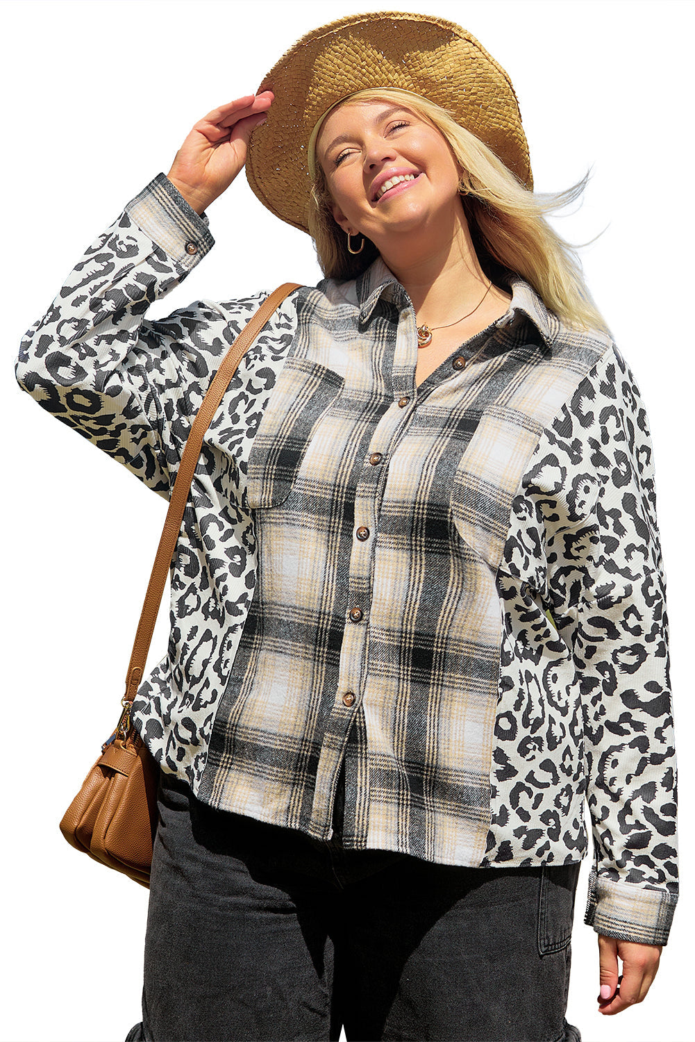 Black Plus Size Plaid Leopard Printed Patchwork Button Up Shacket