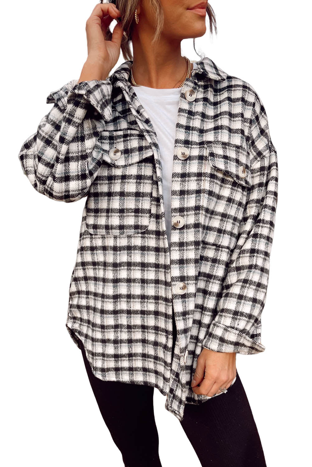 Plaid Print Chest Pockets Buttoned Tunic Shacket