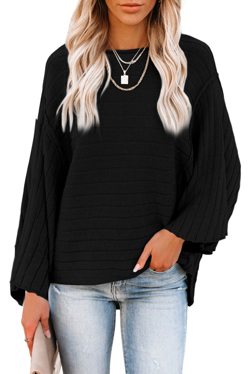 Brown Exposed Seam Ribbed Knit Dolman Top