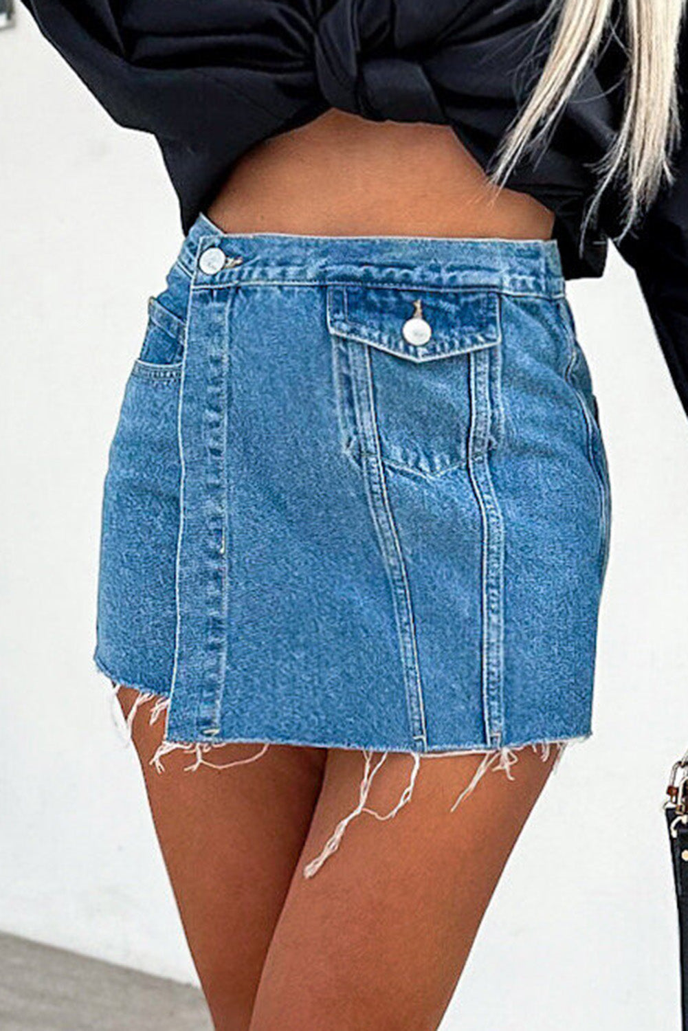 Button Wrap Over Raw Hem Denim Shorts