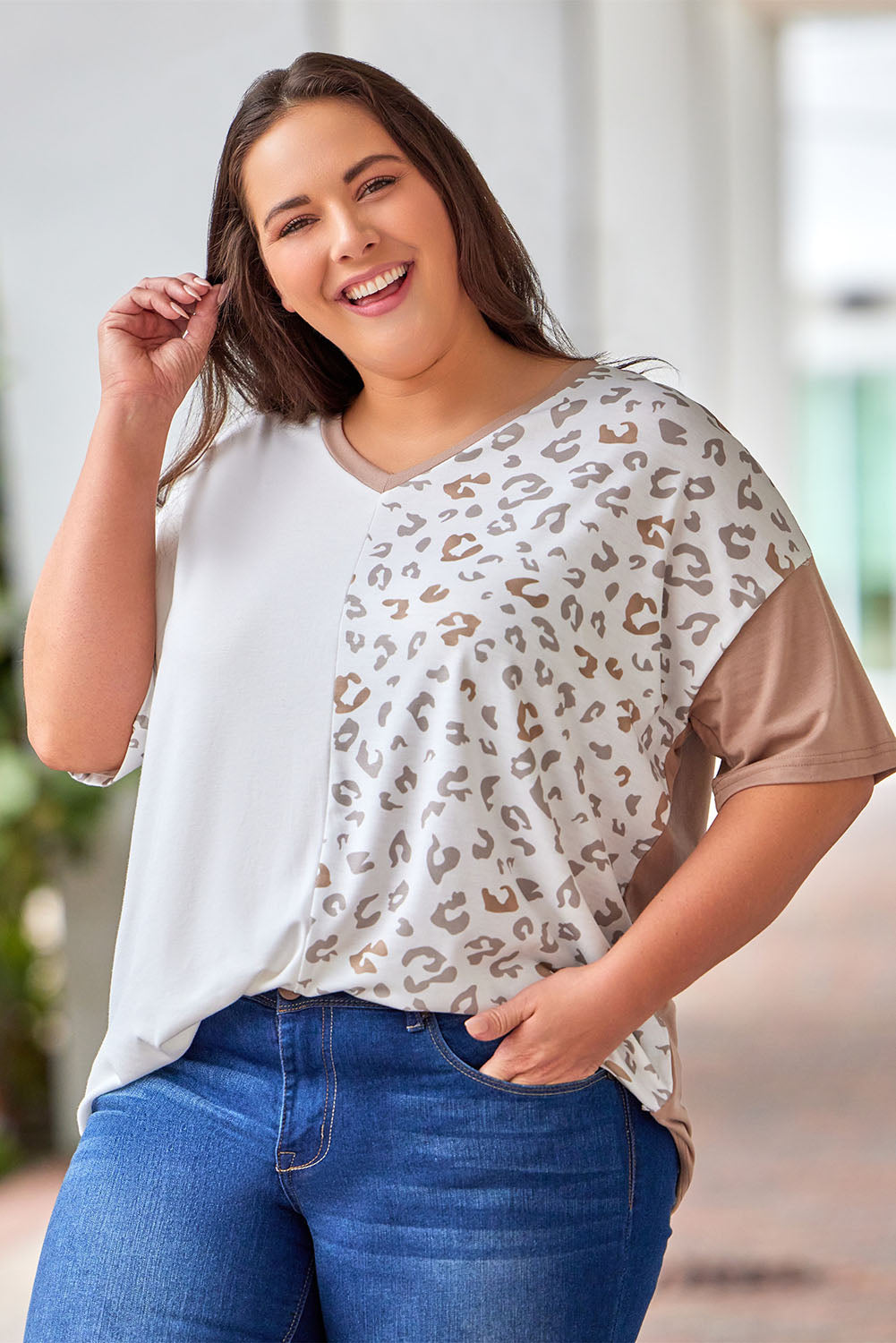 Leopard Patchwork Short Sleeve Plus Size Top