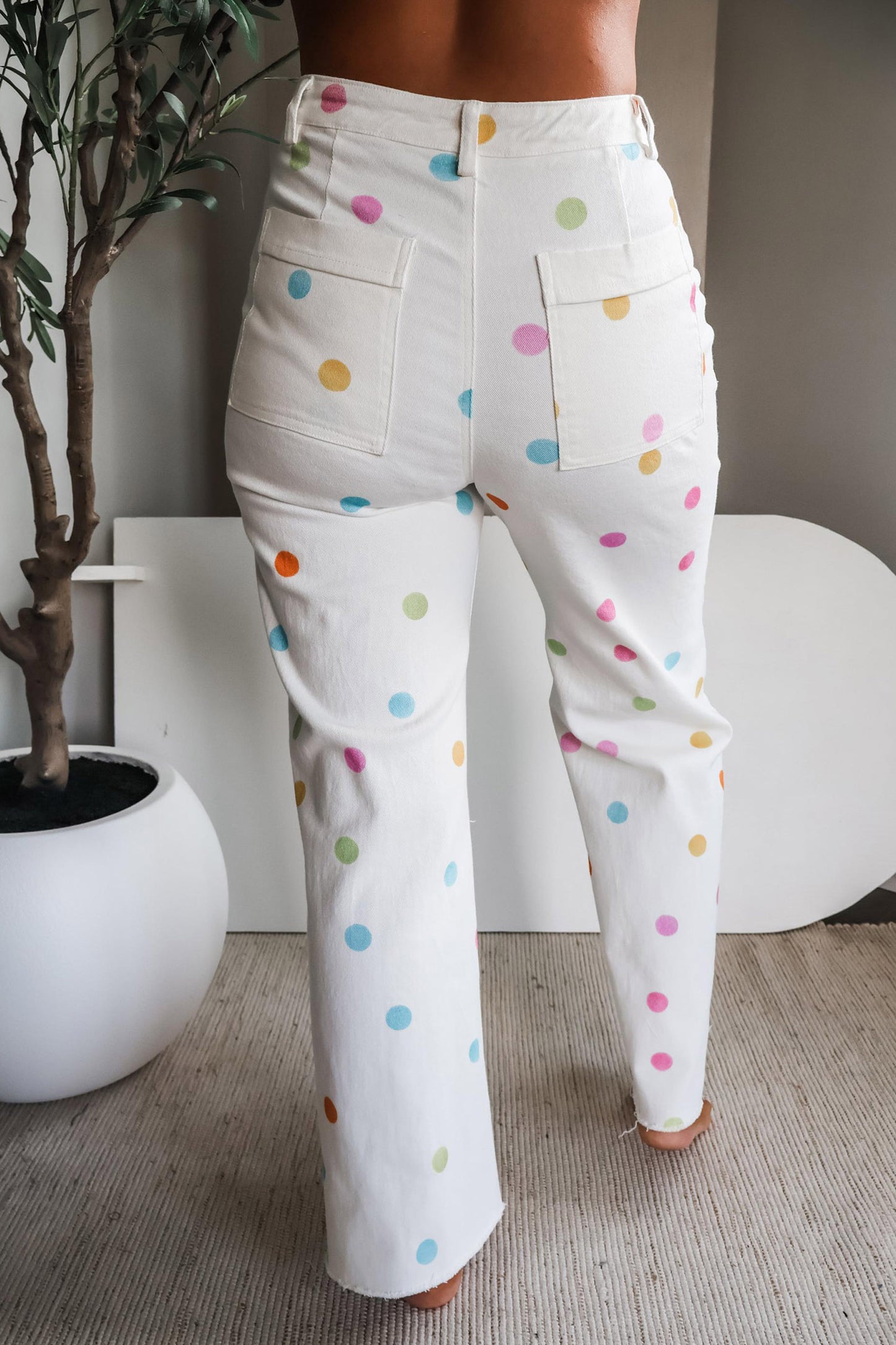 White High Waist Polka Dot Straight Leg Casual Jeans