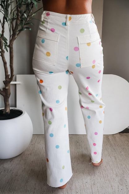White High Waist Polka Dot Straight Leg Casual Jeans