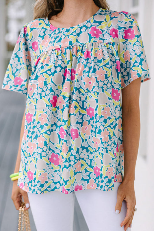 Floral Print O-neck Short Sleeve Babydoll Blouse