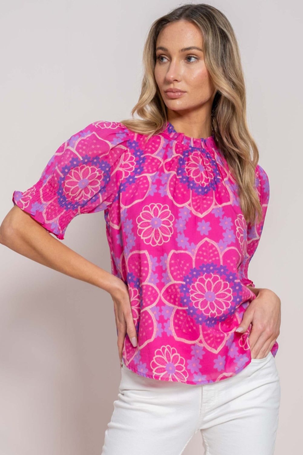 Rose Floral Print Frilled Neck Smocked Puff Sleeve Blouse