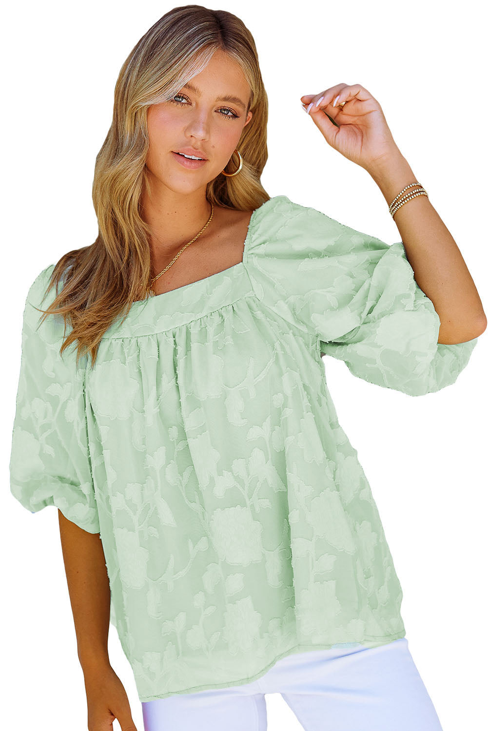 Lush Printed Balloon Sleeve Ruched Chiffon Top