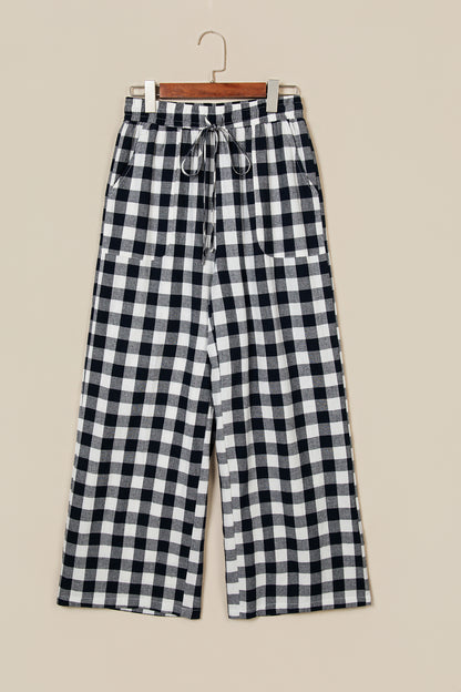 Brown Gingham Plaid Tie Elastic Waist Shift Pants