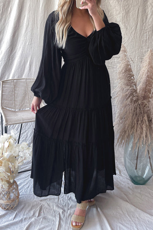 Black V Neck Bowknot Cutout Frill Tiered Maxi Dress