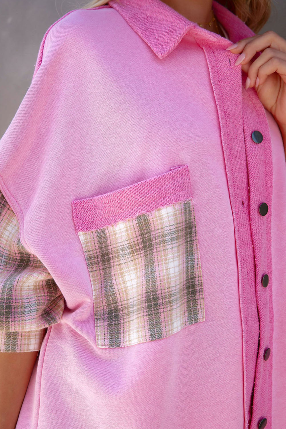 Rose Plaid Patchwork Chest Pockets Oversized Shirt Jacket