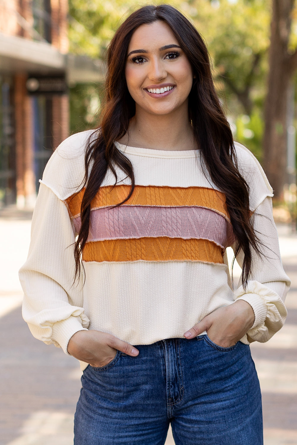 White Corded Exposed Seam Knit Patchwork Drop Sleeve Top