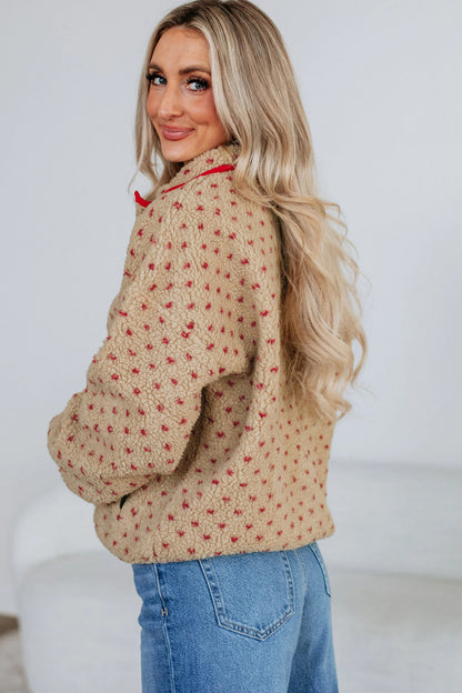 Khaki Heart Pattern Fleece Colorblock Collar Long Sleeve Sweatshirt