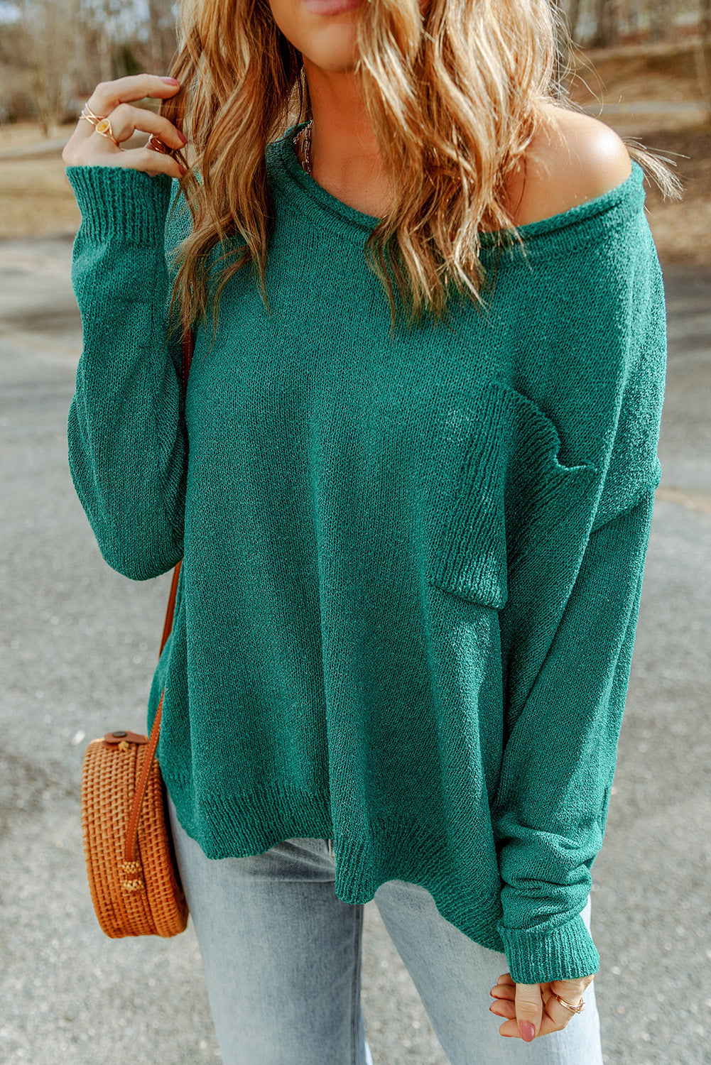 Black Solid Color Off Shoulder Rib Knit Sweater with Pocket