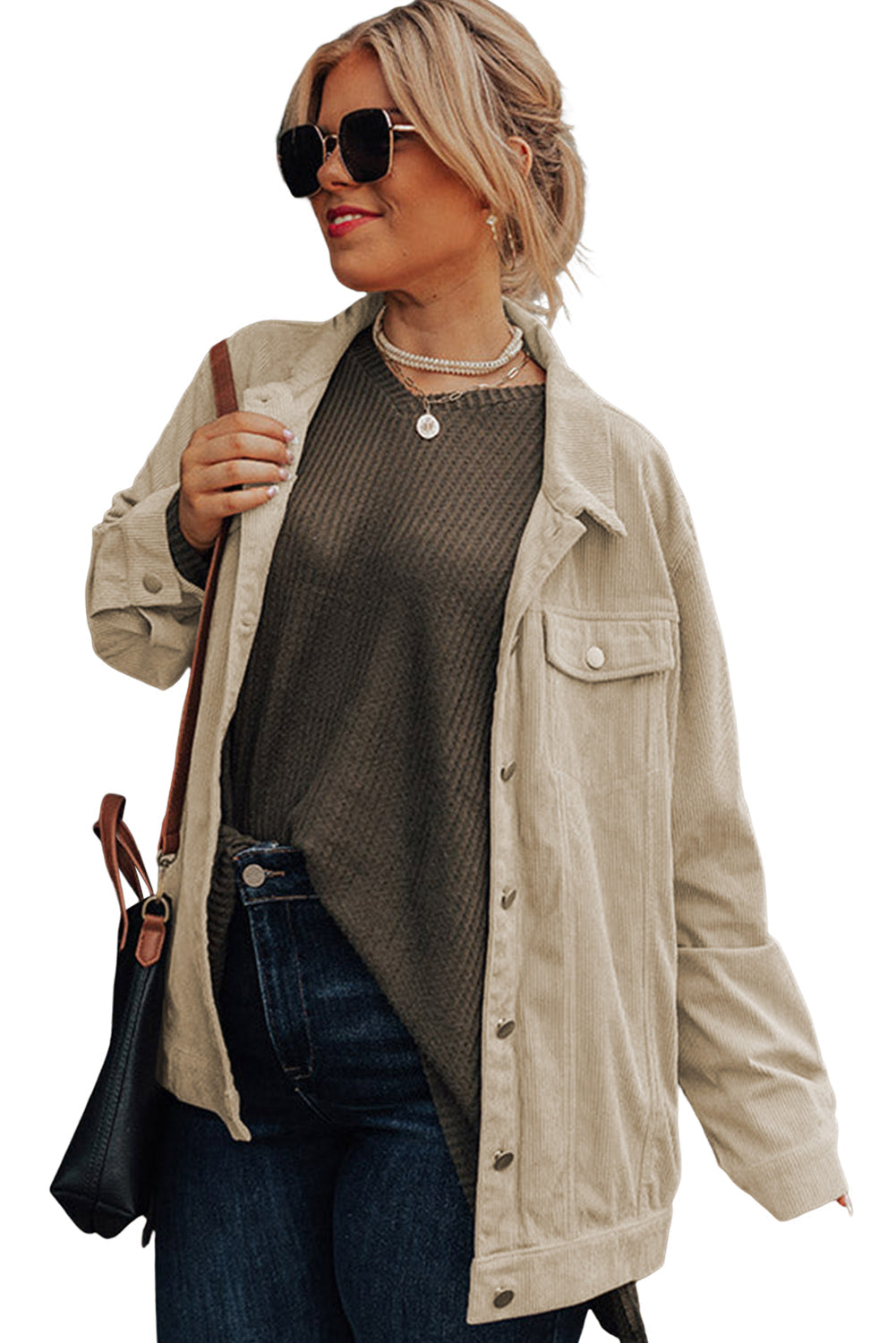 Khaki Plus Size Crochet Pattern Back Corduroy Jacket