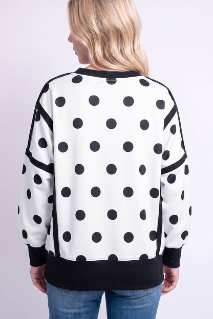 Black Polka Dot Contrast Patchwork Round Neck Baggy Sweatshirt