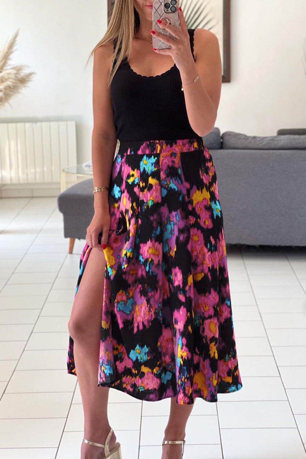 Abstract Floral Print Pleated Slit Skirt