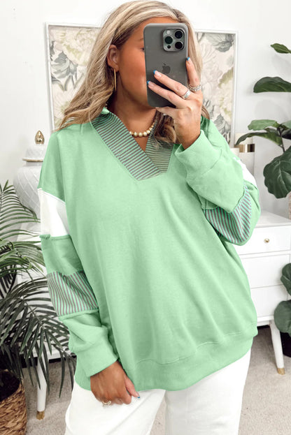 Moonlight Jade Colorblock Striped Patchwork Collar V Neck Plus Size Sweatshirt