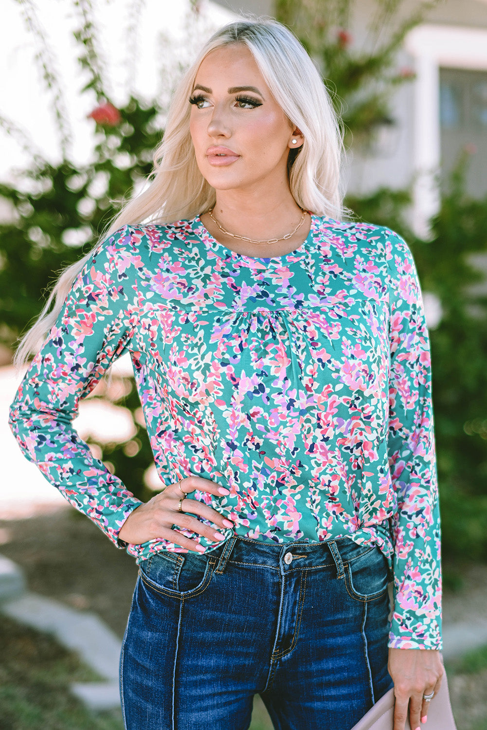 Multicolor Plus Size Floral Print Round Neck Long Sleeve Blouse