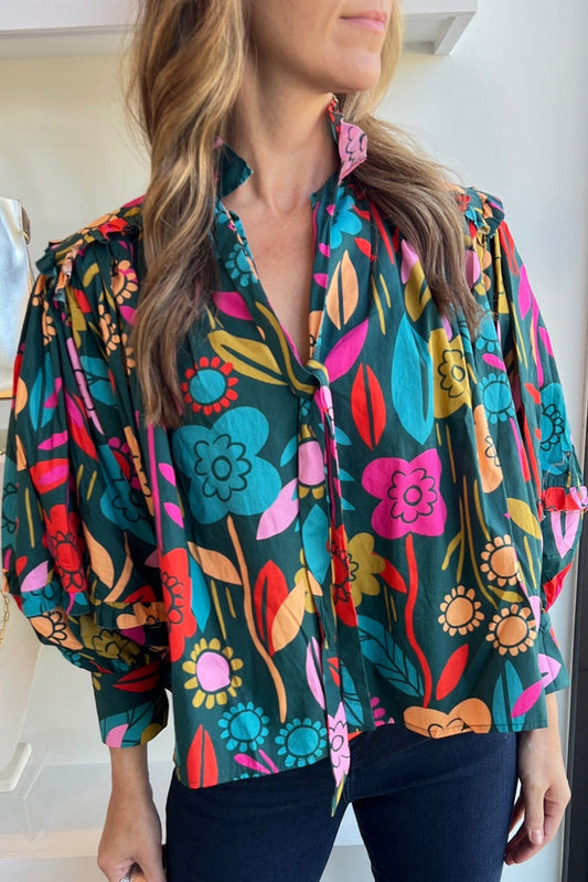 Green Floral Knot Split Neck Puff Sleeve Blouse