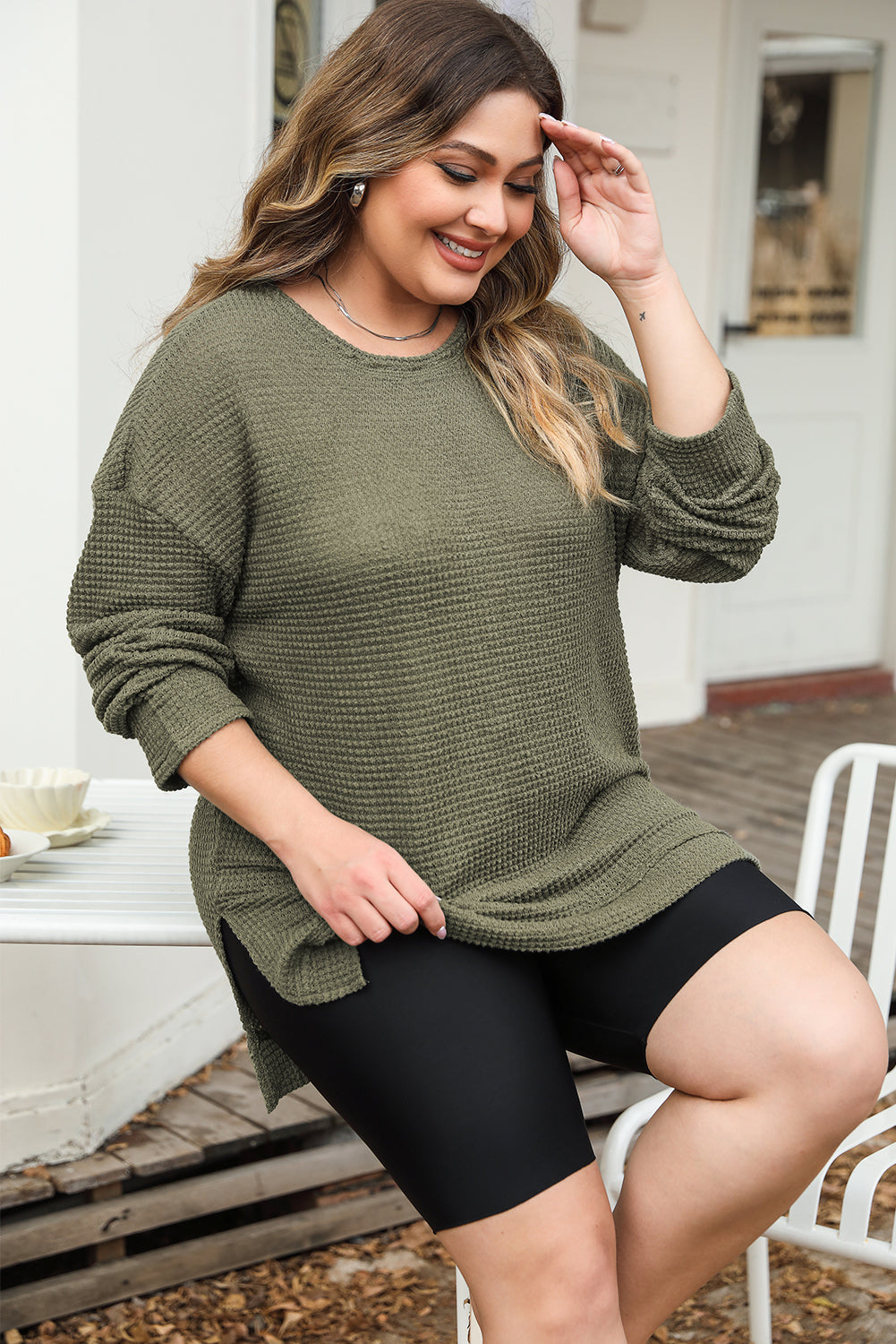 Moss Green Plus Size Textured Knit Long Sleeve Top