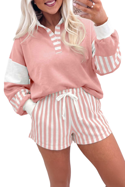 Smoke Green Striped Color Block Pullover Top Drawstring Shorts Set