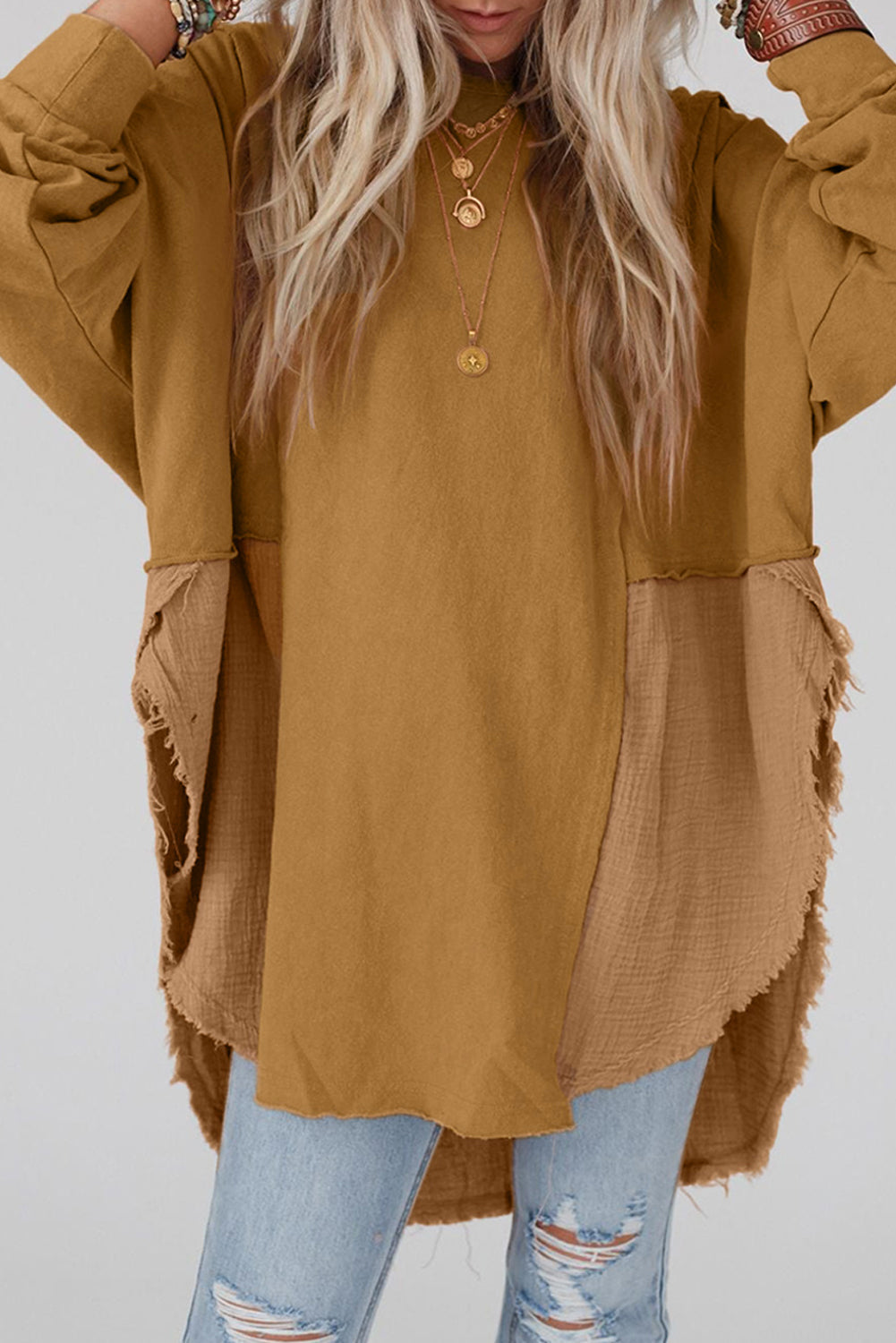 Brown Printed Raw Edge Leopard Patchwork Oversized Blouse