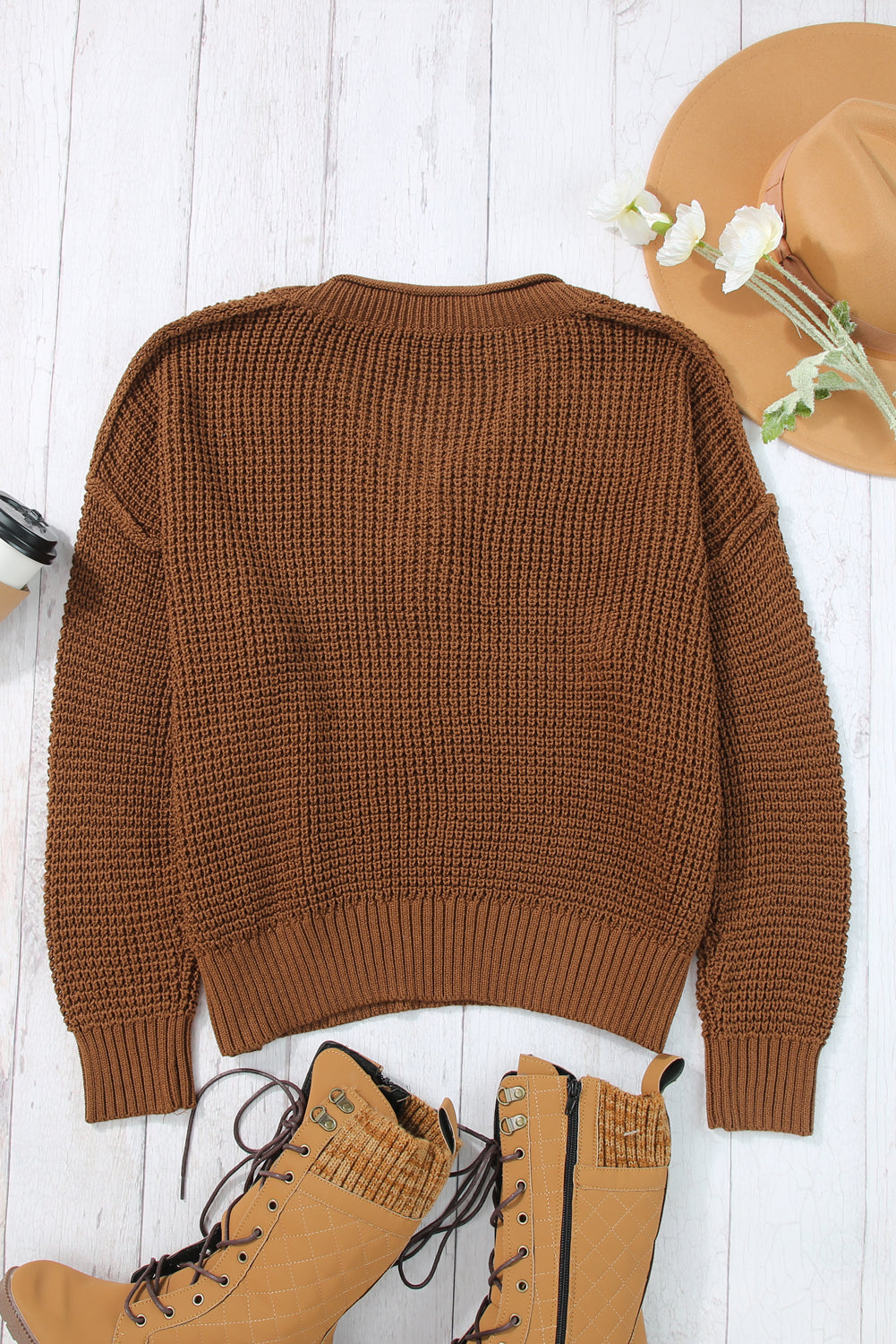 Coffee Pointelle Knit Button V Neck Drop Shoulder Sweater