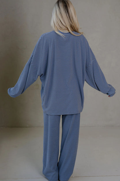 Pink Striped Drop Shoulder Long Sleeve Pant Set