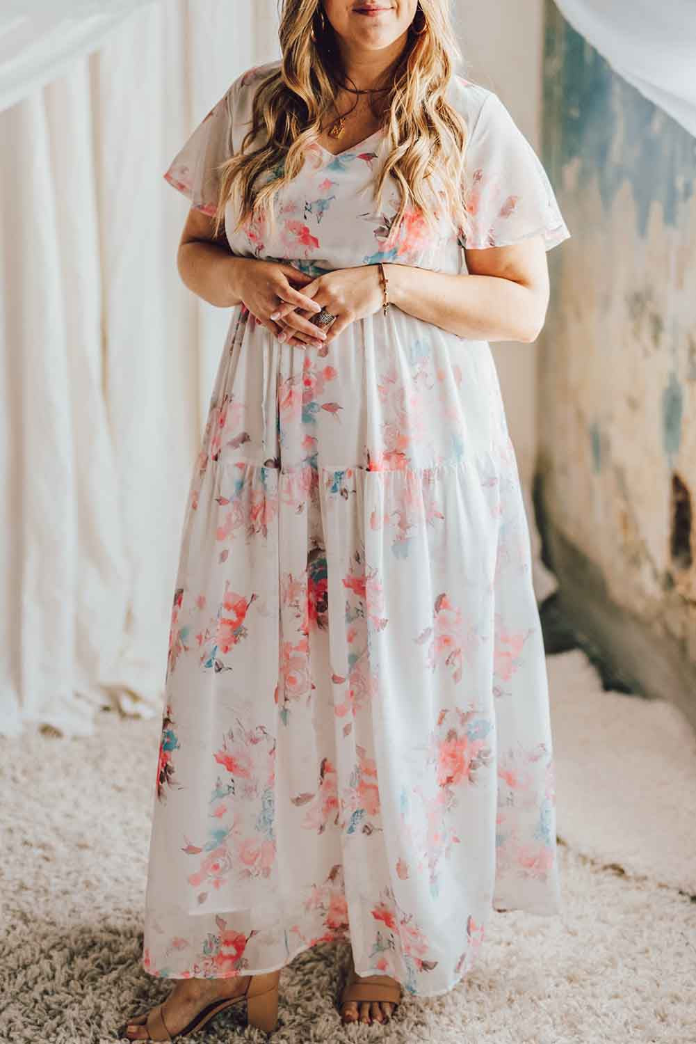 Floral Print Lace-up High Waist Plus Size Maxi Dress