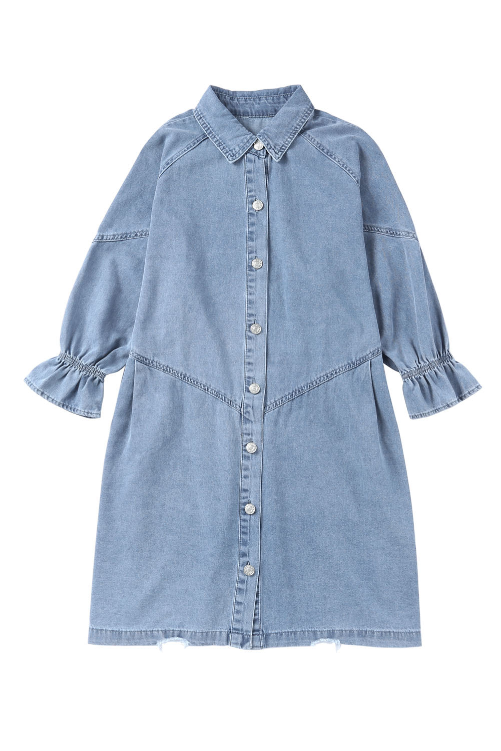 Light Blue Ruffled 3/4 Sleeve Buttoned Front Plus Size Denim Dress