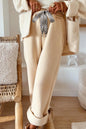 Black Fleece Lined Leopard Drawstring Elastic Waist Solid Pants