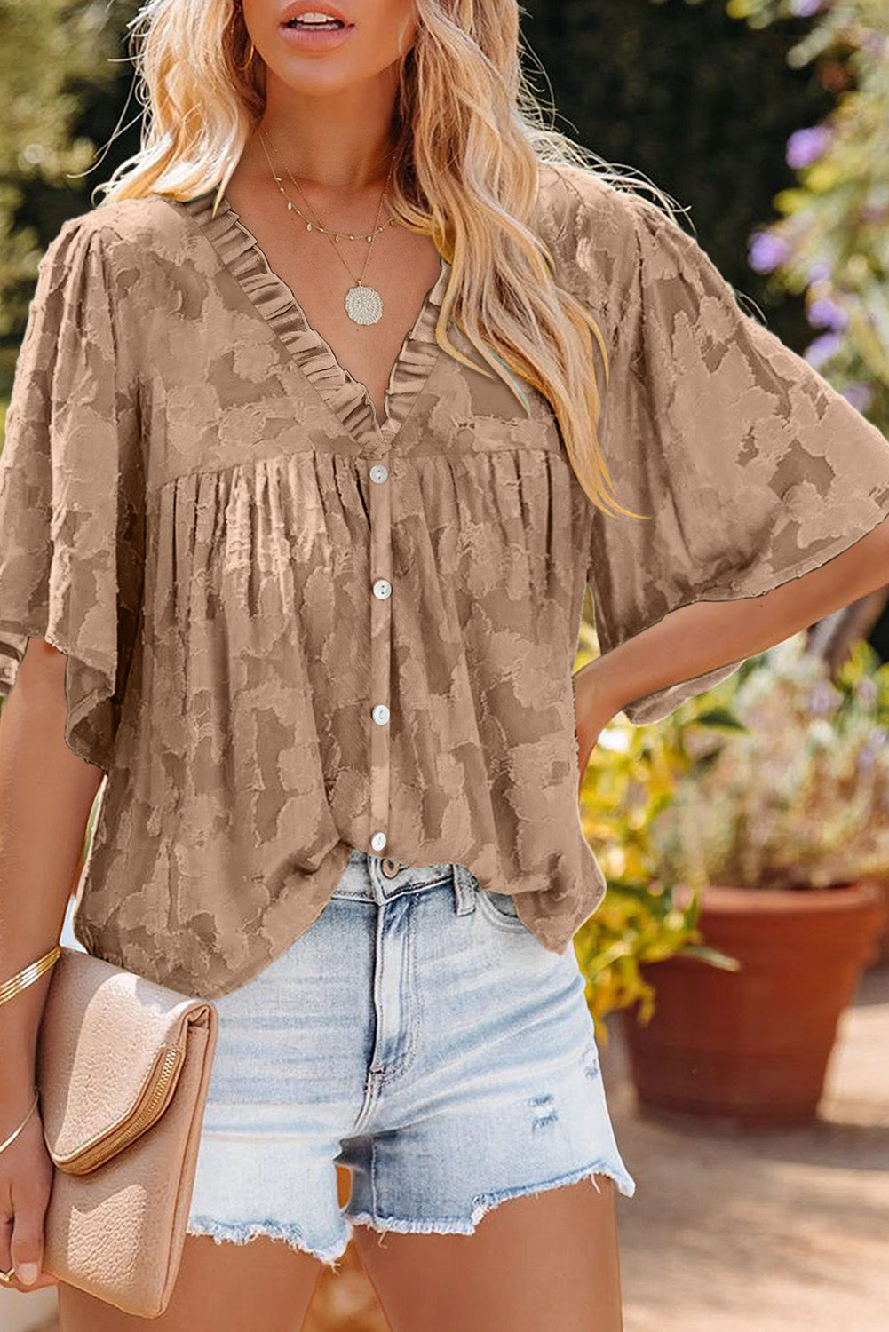 Floral Textured V Neck Buttoned Blouse
