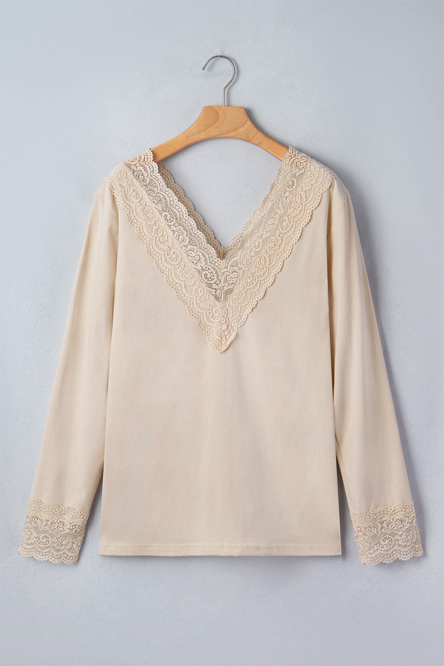 Apricot Lace Trim V Neck Long Sleeve Patchwork Pullover Top