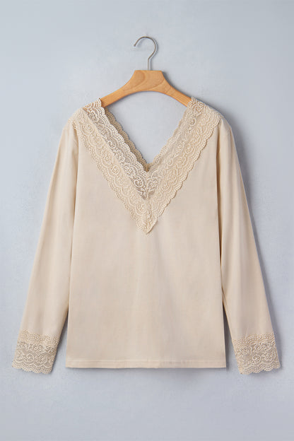 Apricot Lace Trim V Neck Long Sleeve Patchwork Pullover Top