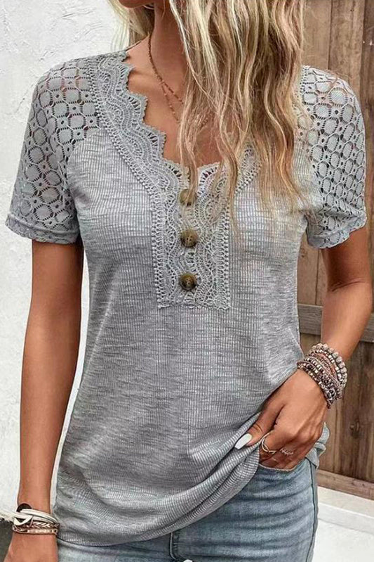 Solid Lace Sleeve Button V Neck T Shirt