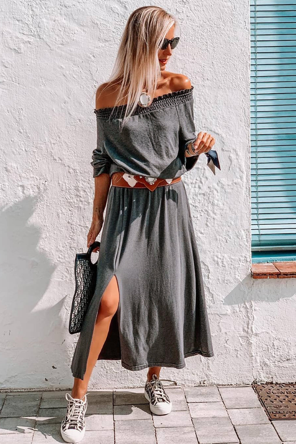 Shirred Off Shoulder Maxi Dress with Split