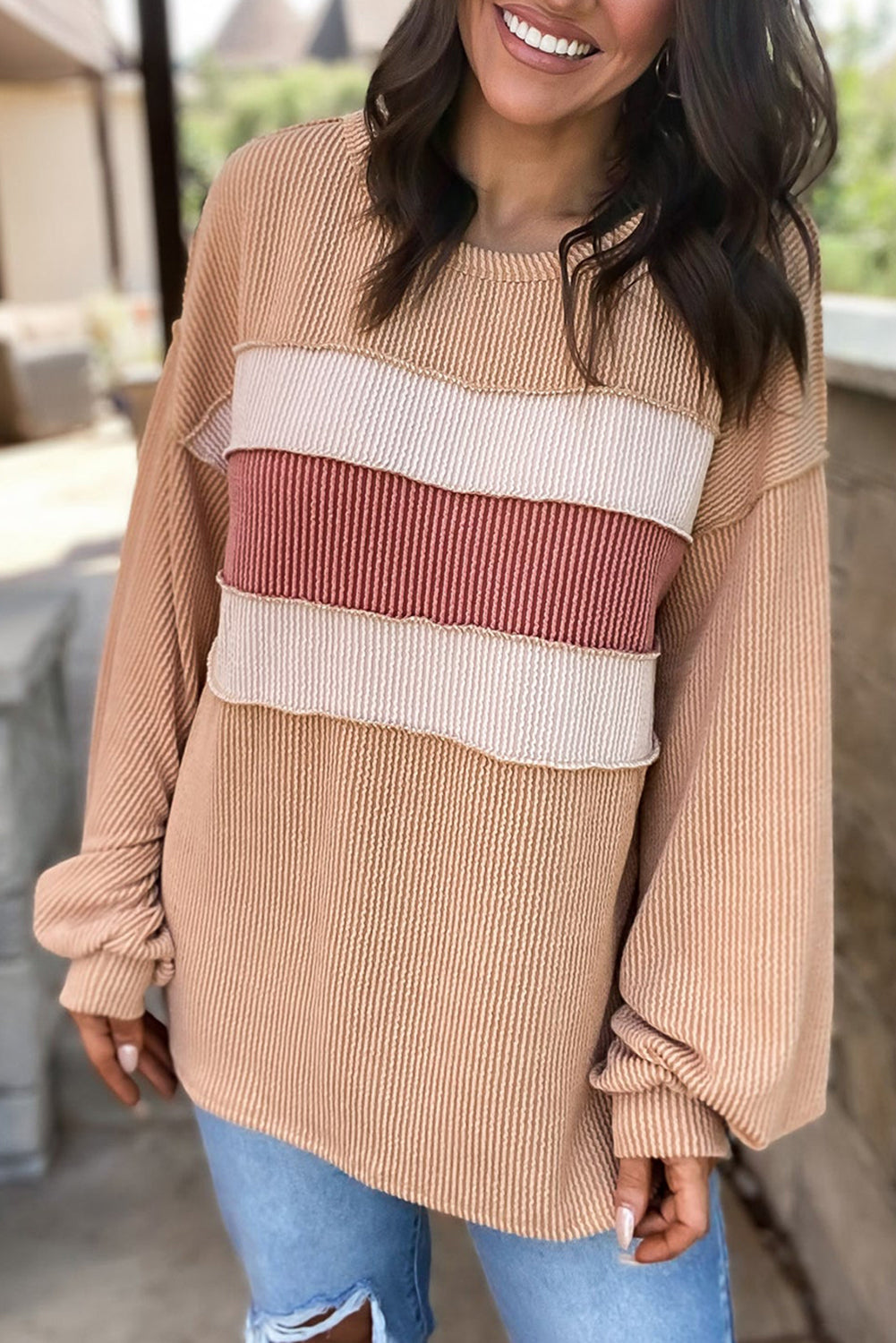 Light French Beige Colorblock Rib Corded Sweatshirt