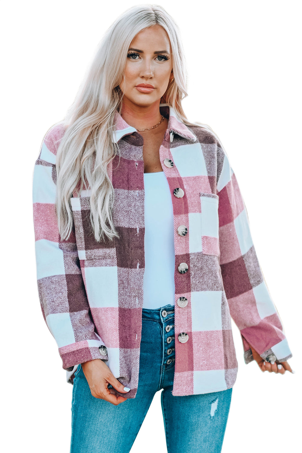 Khaki Plaid Color Block Buttoned Long Sleeve Jacket with Pocket