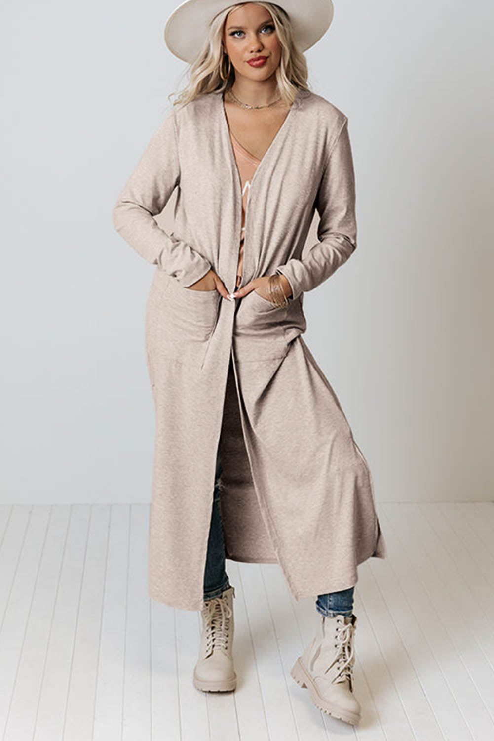 Open Front Pocketed Duster Cardigan with Slits