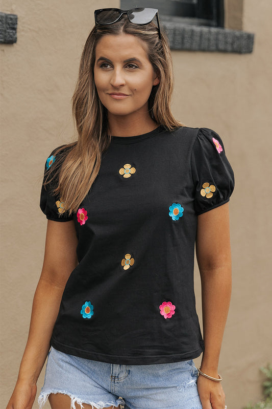 Black Floral Embroidered Puff Sleeve Top