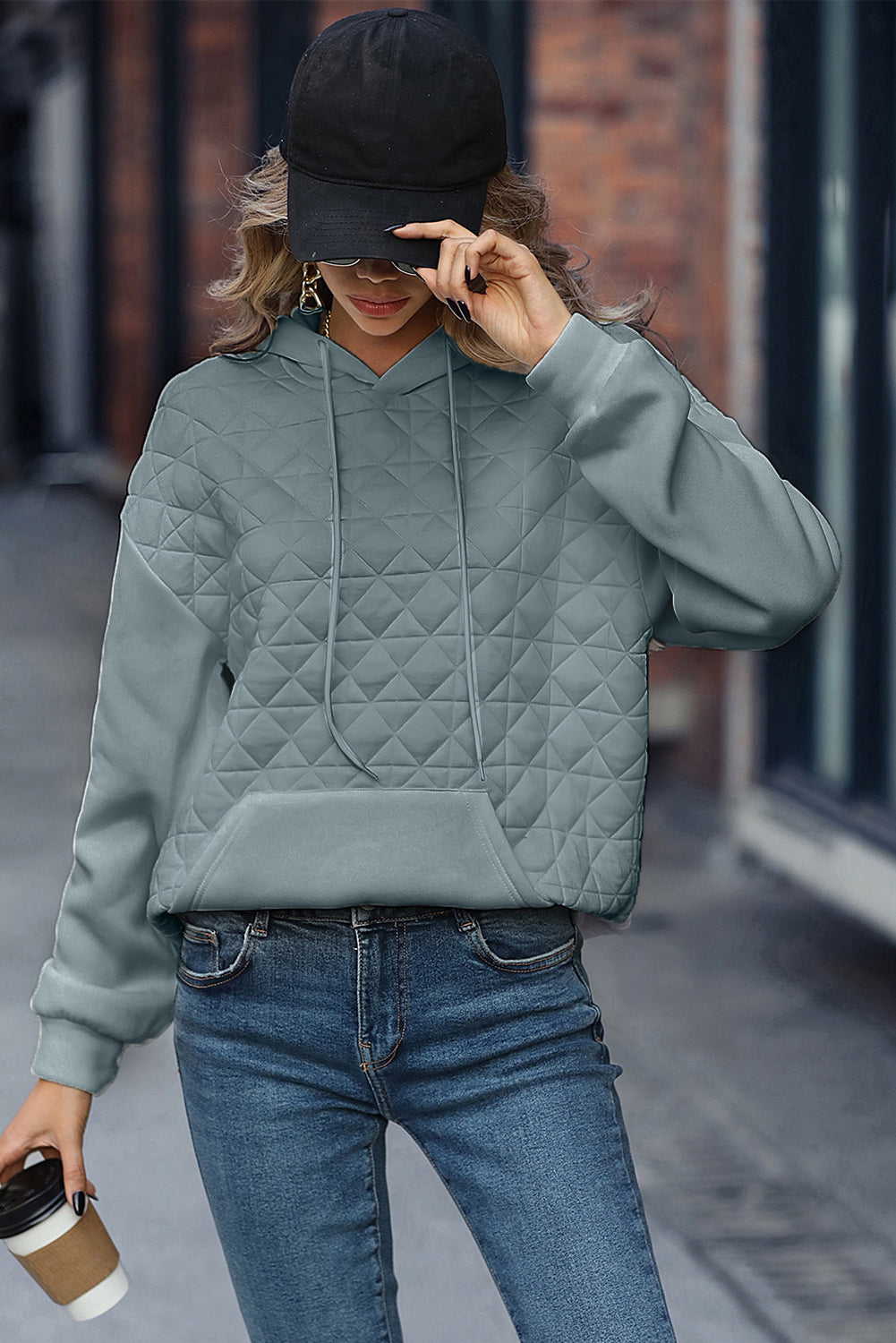 Blackish Green Plus Size Quarter Buttoned Pocketed Quilted Sweatshirt